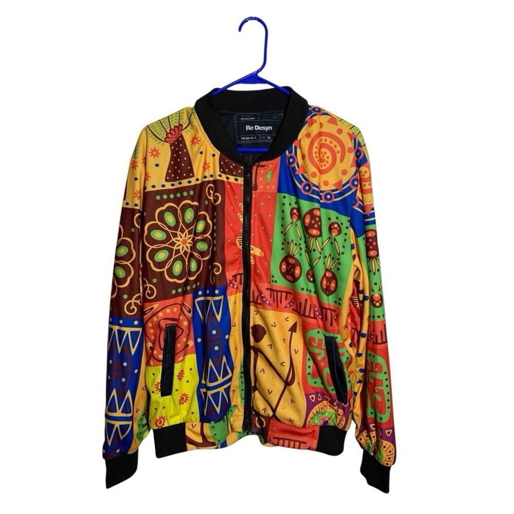 Unisex Bomber Jacket Xl Orange Multicolor Wearable Art Color Block Rave Punk